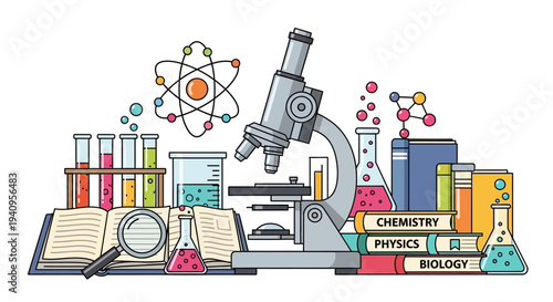 Science and Education Vector Illustration with Microscope, Atom, Test Tubes, Beakers, Books, and Magnifying Glass for Research and Learning Concepts
