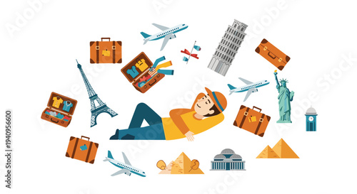 A man wearing a hat and orange shirt lies in the center of a circular arrangement of travel icons including suitcases and world monuments.
