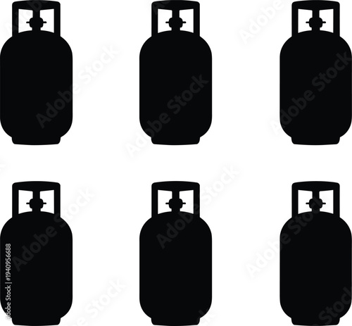 Set of black gas cylinder silhouette icons featuring various industrial tank designs for propane butane and liquefied petroleum gas storage