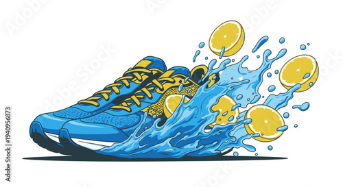 Sport running shoes with dynamic water splash representing fitness training, active lifestyle and modern athletic performance concept