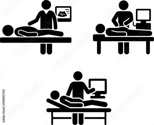 Ultrasound Examination Icons Set – Medical Sonography, Pregnancy Scan, Diagnostic Imaging Vector
