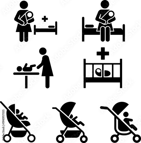 Mother and Baby Care Icons Set – Newborn Care, Maternity, Baby Stroller, Pediatric Healthcare