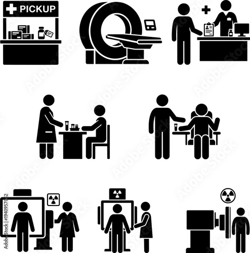 Medical Diagnostic and Radiology Icons Set – MRI Scan, X Ray, Radiation Therapy, Lab Test Vector