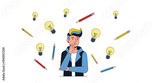 A young man with blue hair stands in a thinking pose surrounded by floating yellow lightbulbs and colorful pencils on a white background.