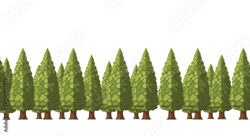 A horizontal row of green pine trees with layered needle textures and brown trunks stands against a solid white background in a flat style.