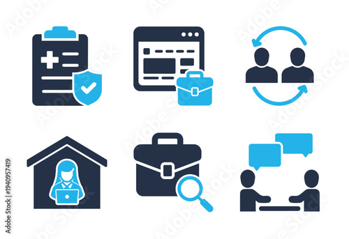 Flexible Work Environment and Business Administration icon set. Solid glyph series icons