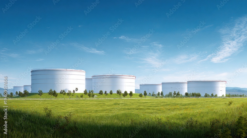 Fototapeta premium A serene landscape featuring a grassy field with a row of white cylindrical storage tanks against a clear blue sky.