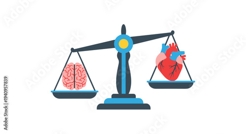 A blue and grey balance scale features a pink human brain on the left tray and a red heart on the right tray.