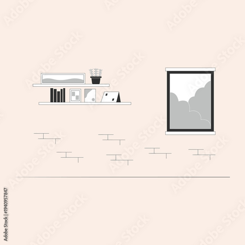 Aesthetic flat design vector illustration of a contemporary minimalist room interior, featuring a styled shelf with decor and a serene window view of a calm, cloud-filled sky