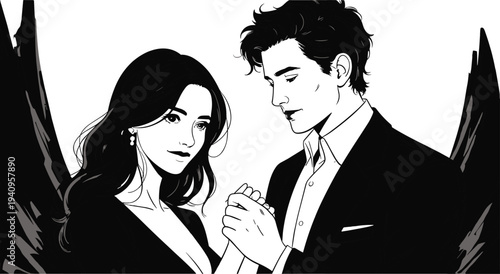 Romantic couple illustration, fantasy wings, black and white art, intimate lovers, surreal romance, elegant dress, formal suit, dramatic composition, symbolism