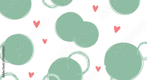 Abstract Mint Green Circles and Pink Hearts Seamless Pattern Background Vector Art