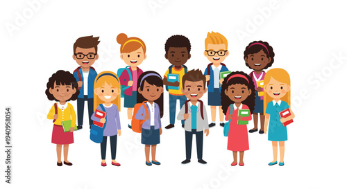 Twelve diverse cartoon school children standing together in a group while holding colorful notebooks and wearing backpacks against a solid white background.