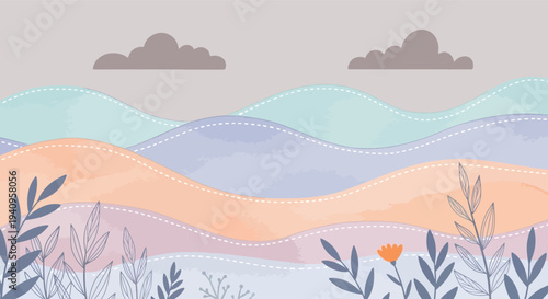 Soft pastel landscape vector illustration featuring rolling hills, delicate plants, and whimsical clouds, perfect as a tranquil decorative background for various projects