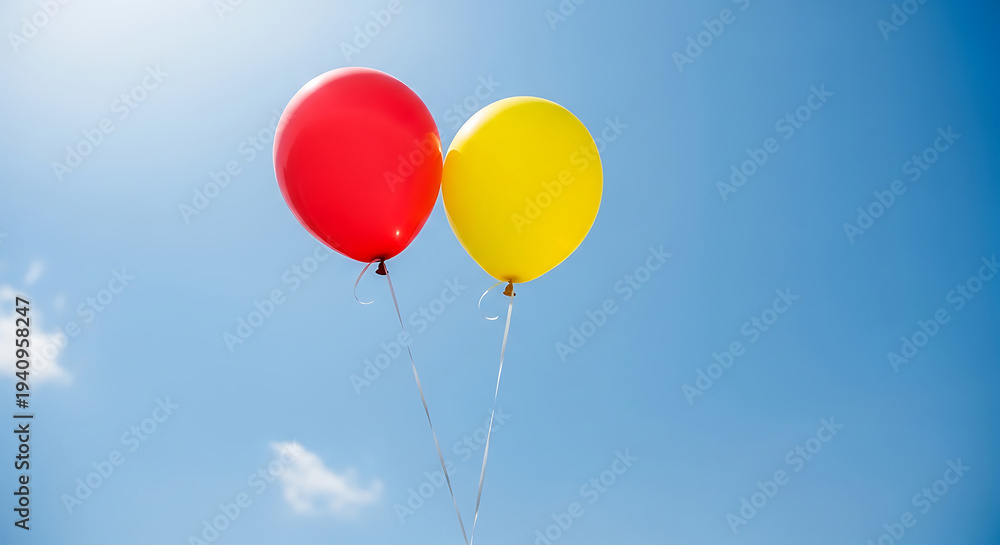 Fototapeta premium red and yellow party balloons gently floating in a clear blue sky on a sunny day symbolizing joy and childhood celebration.