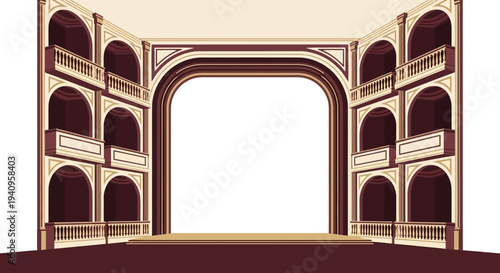 Illustration of a classic theater stage with a large archway, ornate balconies, and red accents, set against a white background for a theatrical performance or event on World Theatre Day.