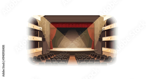 Illustration of a theater stage with a character and theatrical mask, surrounded by a theater curtain and lights, set against a simple background.