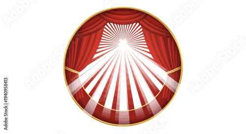 Vector illustration of a theater stage with a theatrical mask, character design, and theater lights on World Theatre Day, with a red curtain and gold accents.