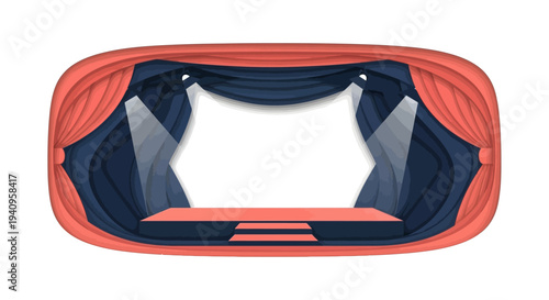 Illustration of a theater stage with a character and theatrical mask, surrounded by a red curtain and blue interior, on a white background, representing World Theatre Day.