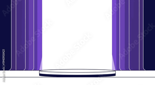 Vector illustration of a theater stage with purple curtains and a spotlight, symbolizing World Theatre Day with a theatrical performance and mask design elements.