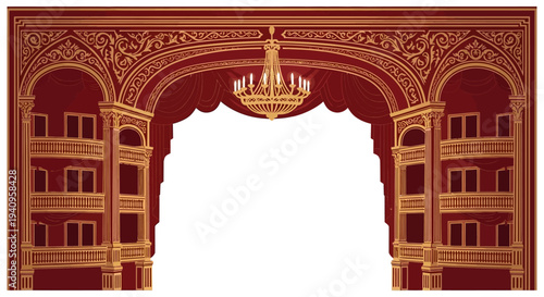 Illustration of a decorative theater stage archway with a chandelier, ornate gold details, and red curtains, representing performing arts and World Theatre Day.