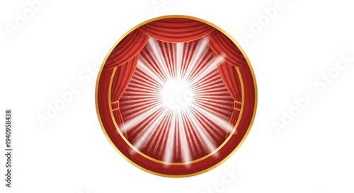 A vibrant theatrical mask icon with a radiant burst of light, set against a stylized theater curtain backdrop, symbolizing World Theatre Day in a dynamic illustration design.