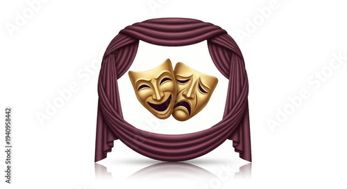 Vector illustration of a golden theatrical mask surrounded by a maroon theater curtain on a white background, symbolizing World Theatre Day with a design element for performing arts.