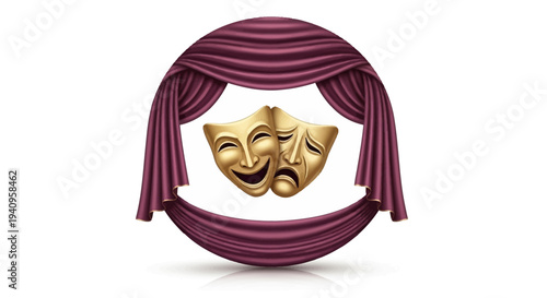 Illustration of a theatrical mask surrounded by a circular theater curtain on World Theatre Day, symbolizing performing arts and cultural events.