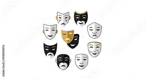 Illustration of various theatrical masks arranged in a circle on a white background, symbolizing performing arts and World Theatre Day with a mix of colorful and monochromatic designs.