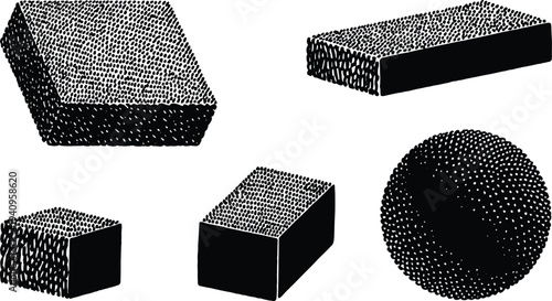 Stippled geometric illustration, trapezoidal prism, cuboid and sphere, abstract black and white drawing, textured 3D shapes, educational math art design