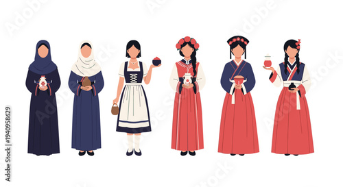 Six women wearing diverse traditional cultural costumes and holding various vessels while standing in a row against a plain white background.