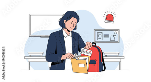 Businesswoman organizing documents and ID cards in backpack near desk with siren light