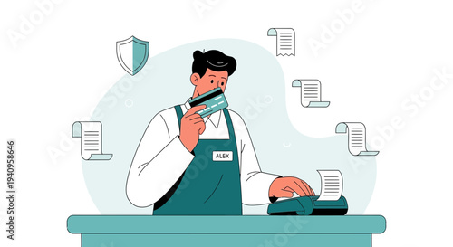 Cashier holding credit card near payment terminal, transaction security, receipts, shield icon