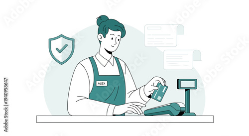 Cashier using credit card machine for secure payment at checkout counter, customer service concept