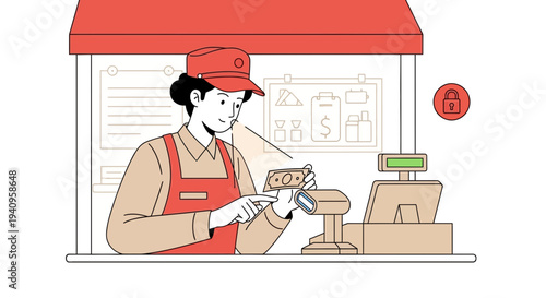 Cashier Scanning Money at Checkout Counter in Retail Store