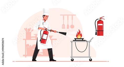 Chef fighting kitchen fire with extinguisher, safety concept