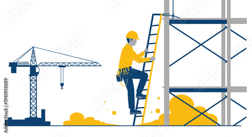 Construction worker climbing ladder on scaffolding near crane, industrial site, safety gear