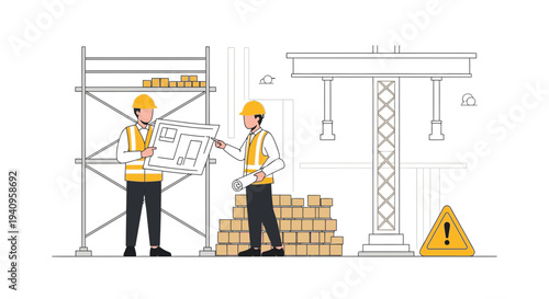 Construction workers reviewing blueprints at a building site with crane and scaffolding