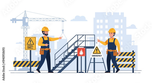 Construction workers pointing at safety signs on a building site with crane and safety barriers