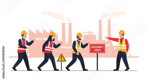 Construction workers in hard hats and vests gather at an assembly area near a factory.