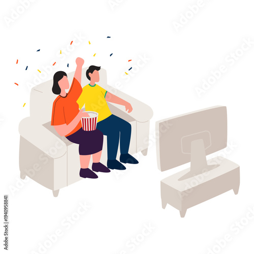 Flat design of watching a sports match together on the couch and cheering.