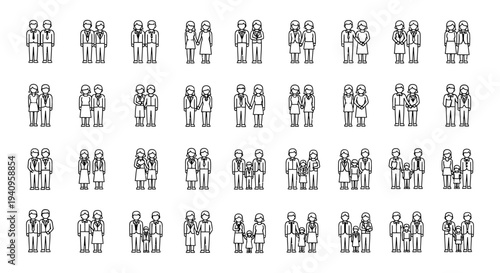 diverse couple and family line art icons illustrating modern relationships and inclusive family structures ideal for web design.