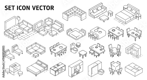 isometric furniture icons set featuring detailed line art of modern home furnishings for interior design and architectural planning