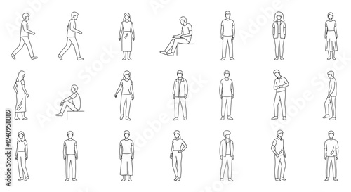 line art people figures in diverse poses walking standing and sitting on white background for design and ui concepts.