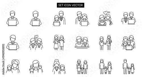 line art vector icons of diverse people families and couples illustrating modern relationships work and social structures.