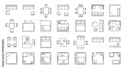minimalist architectural floor plan symbols of various furniture and room layouts for interior design and home planning projects