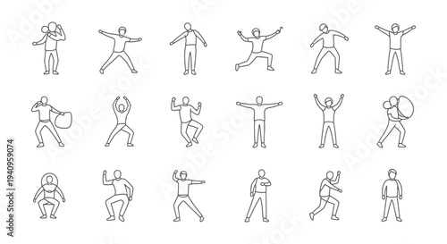 people line art icon set demonstrating various fitness exercises and movements for health and an active lifestyle