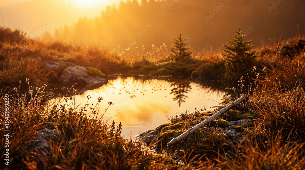 Obraz premium Tranquil mountain puddle reflects golden morning mist, creating a serene and atmospheric woodland landscape photograph.