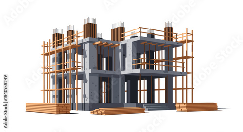 A three dimensional illustration of a multi story concrete building under construction with wooden scaffolding and stacks of lumber on the ground.