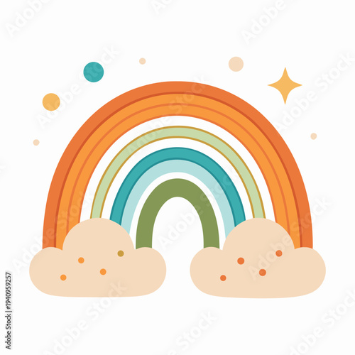 Boho Rainbow with Clouds and Stars Retro Pastel Colors Children's Illustration