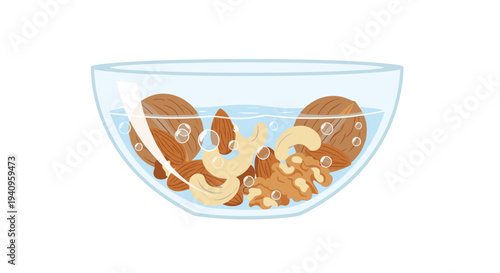 A clear glass bowl filled with water and soaking nuts including walnuts almonds and cashews with small air bubbles on a white background.